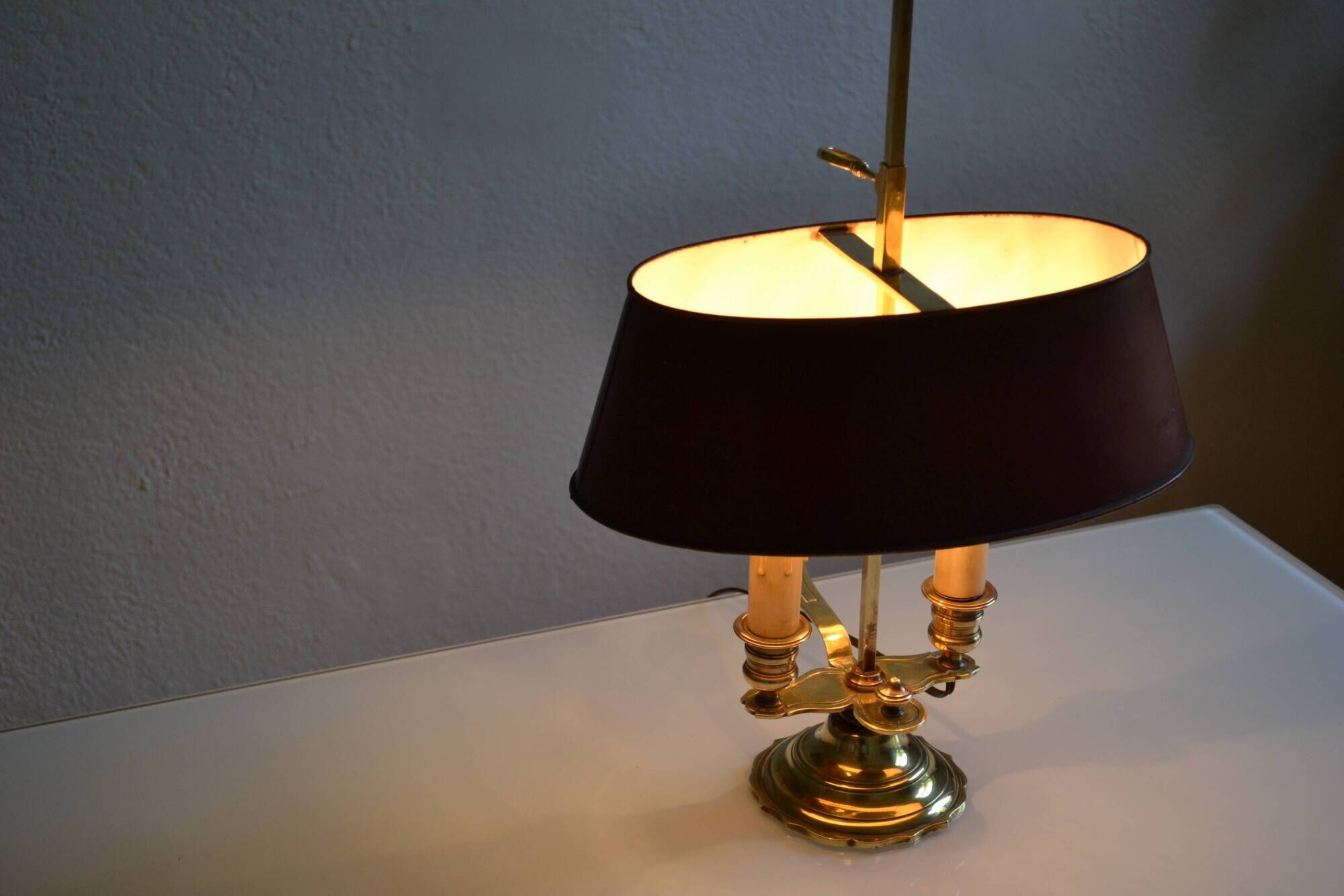 hot water bottle lamp with 2 bronze lights and burgundy sheet metal lampshade