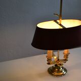 hot water bottle lamp with 2 bronze lights and burgundy sheet metal lampshade
