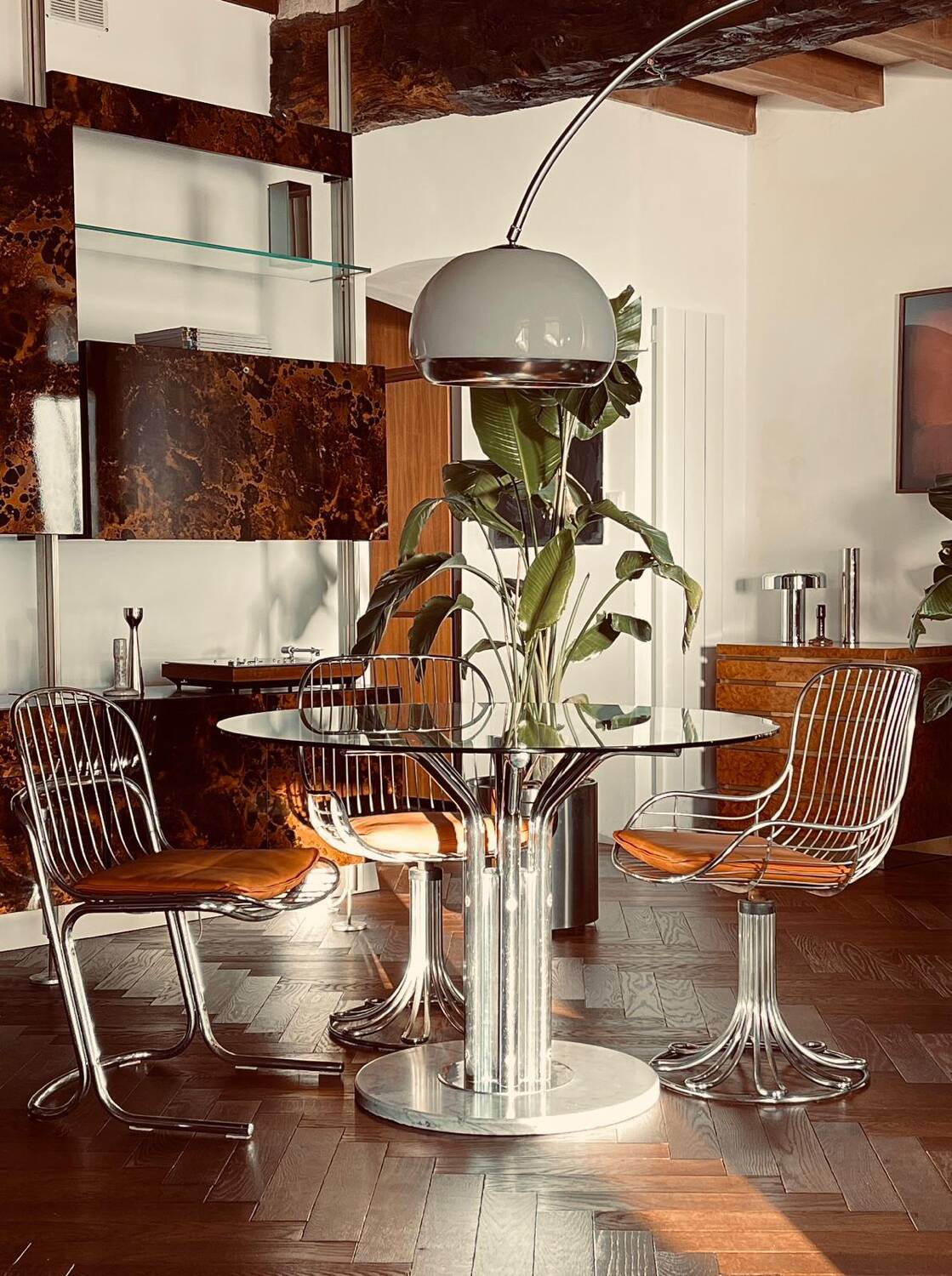 Dining table glass chrome and marble 1970s Italian vintage design