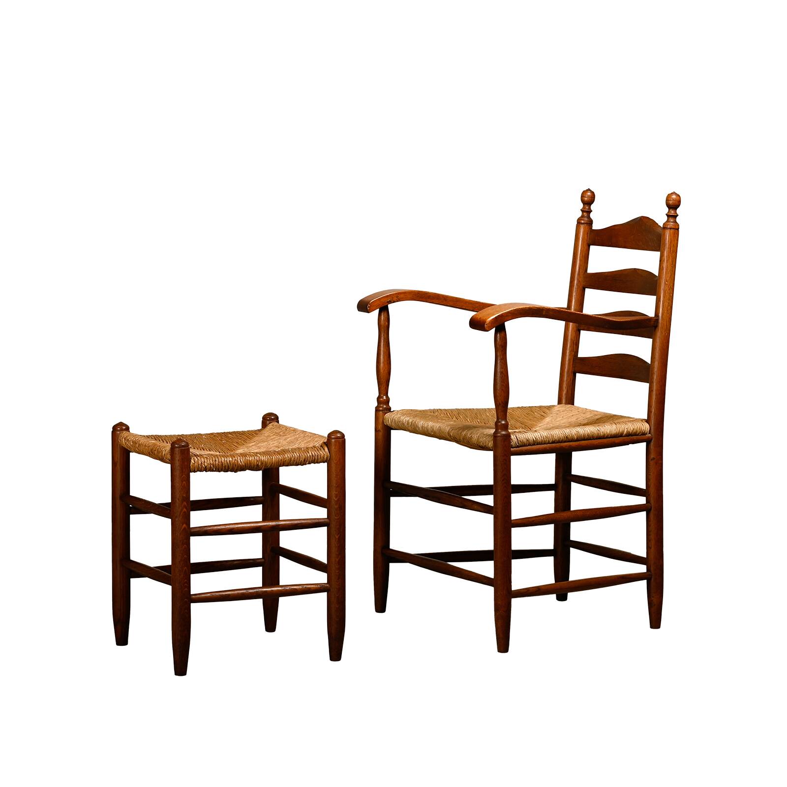 Rustic Armchair and Stool in stained oak and rush, France 1950s