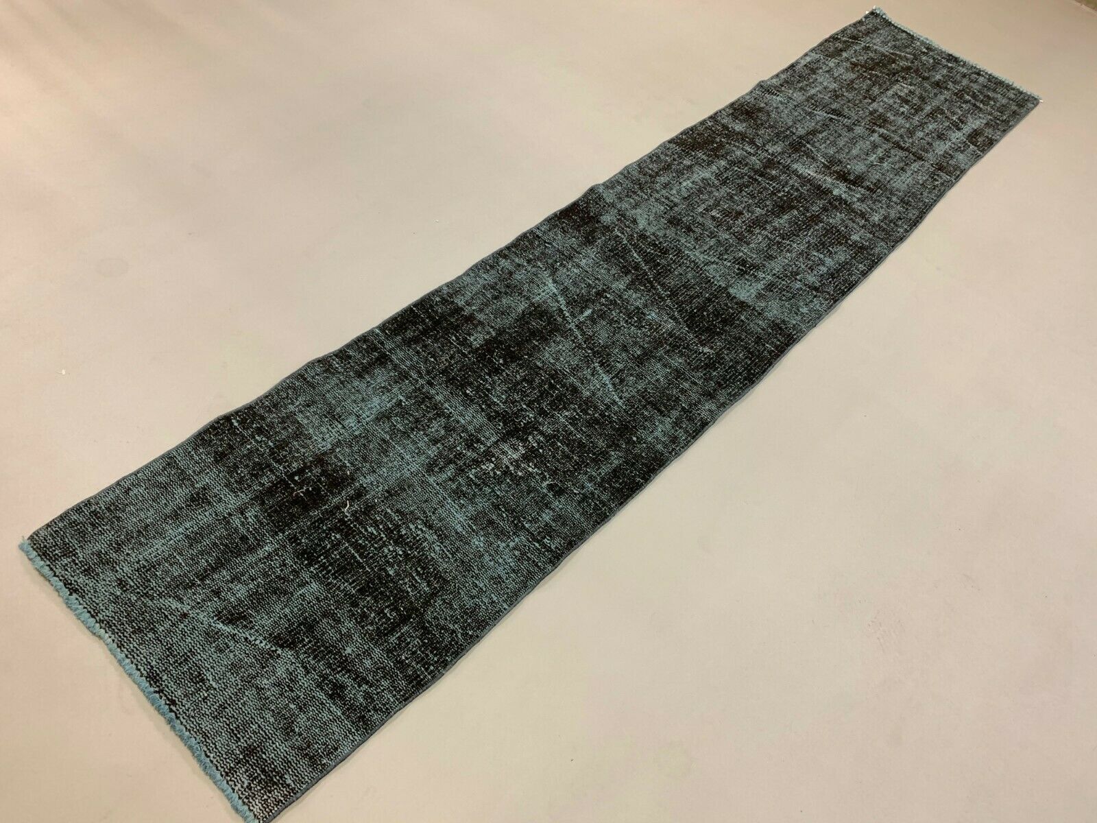 Distressed Turkish Narrow Runner 295x65 cm wool Vintage rug, Overdyed Black