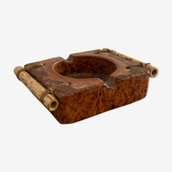 Brown and bamboo ceramic ashtray