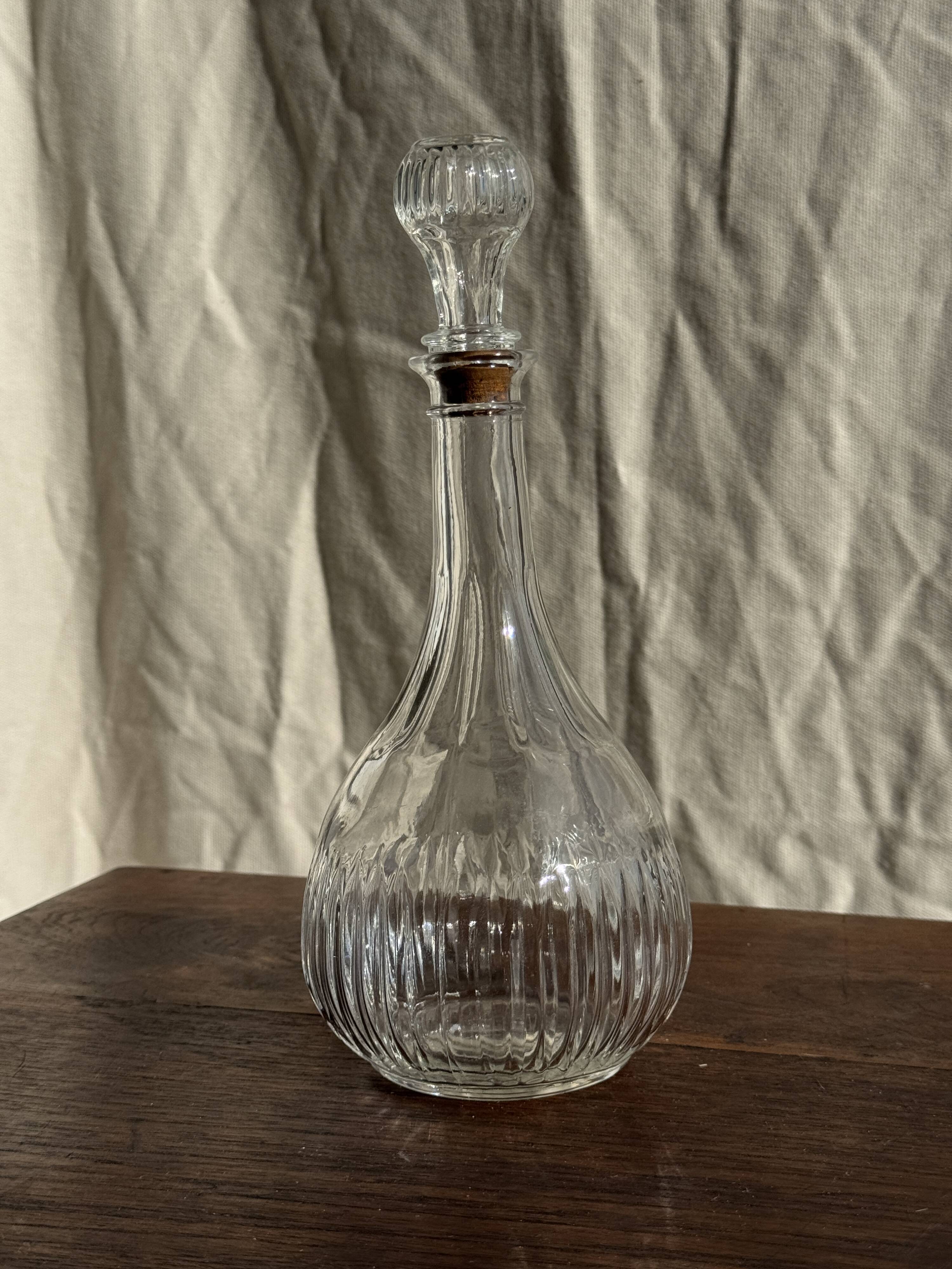Vintage round-shaped glass carafe with cork stopper H27