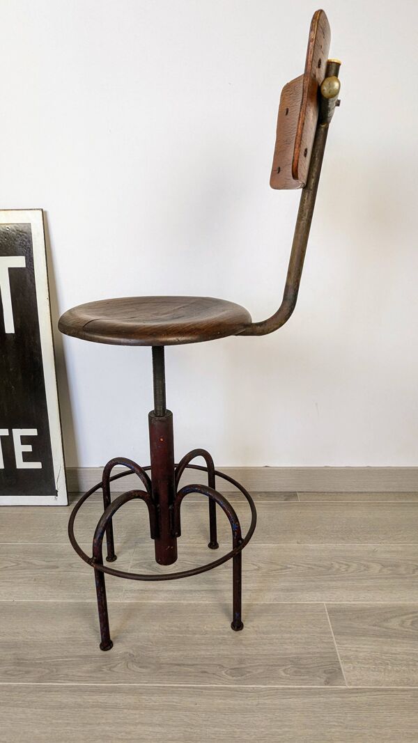 Chaise industrielle réglable ancienne avec dossier, pièce de caractère