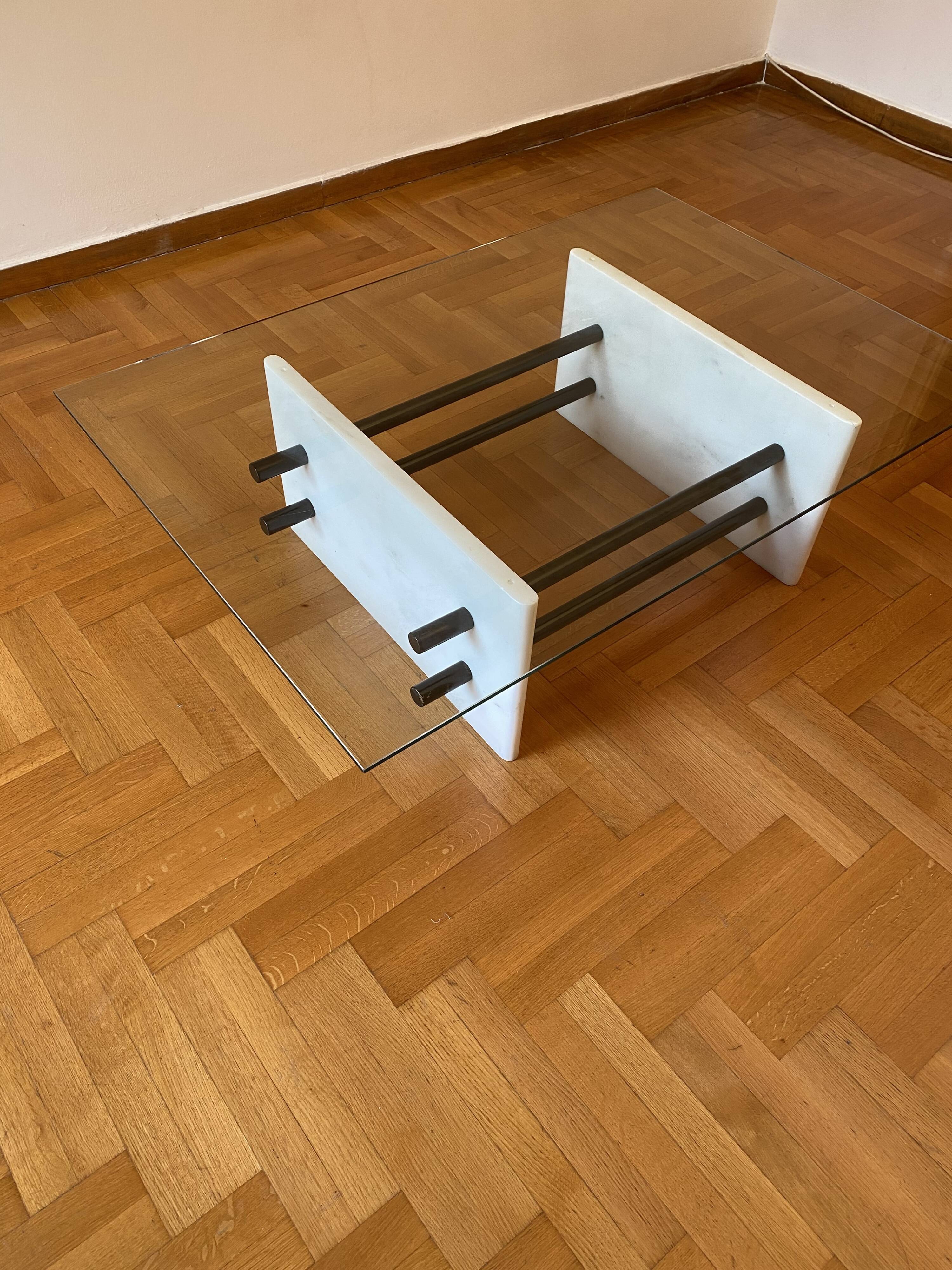 1980s White Marble Rectangular Coffee Table Postmodern Glass