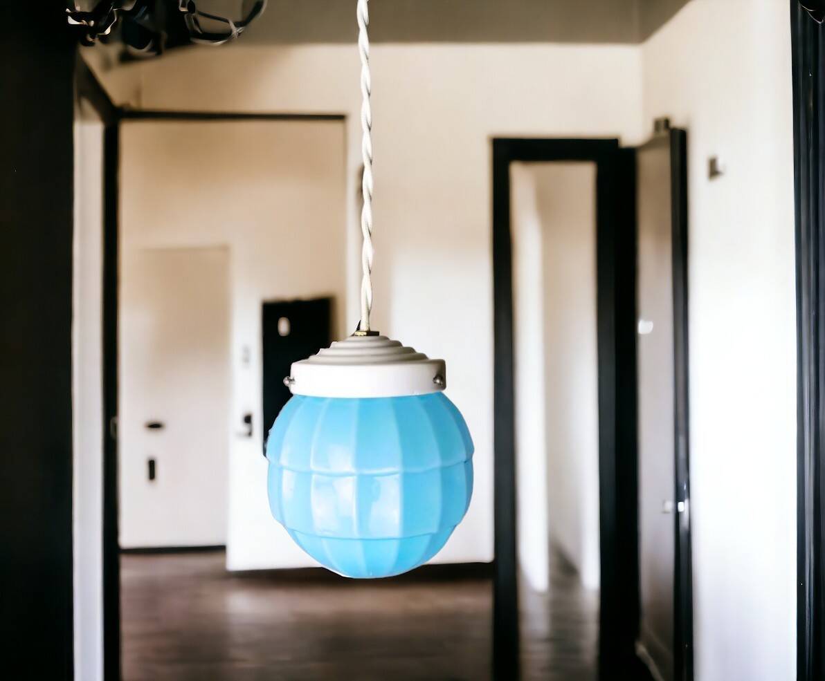 Small Art Deco blue Ceiling Lamp, 1940s