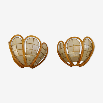 Pair of sconces in bamboo rattan and mother-of-pearl