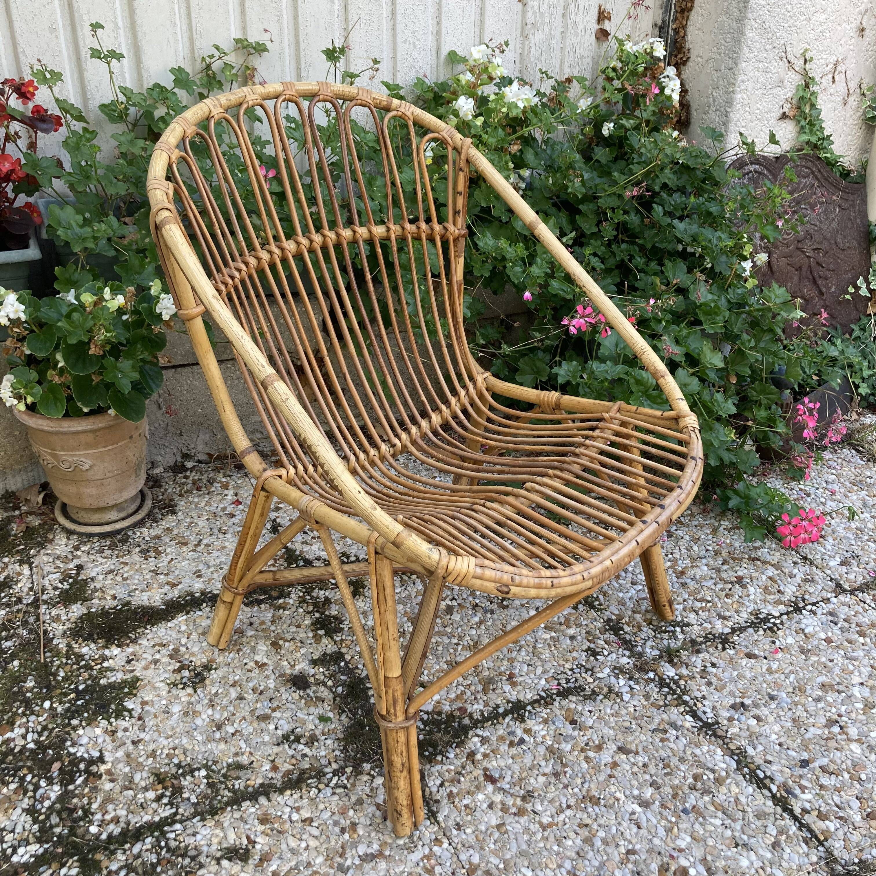 Set of 3 vintage rattan armchairs