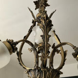 Ancien lustre cage en bronze et 4 feux tulipe