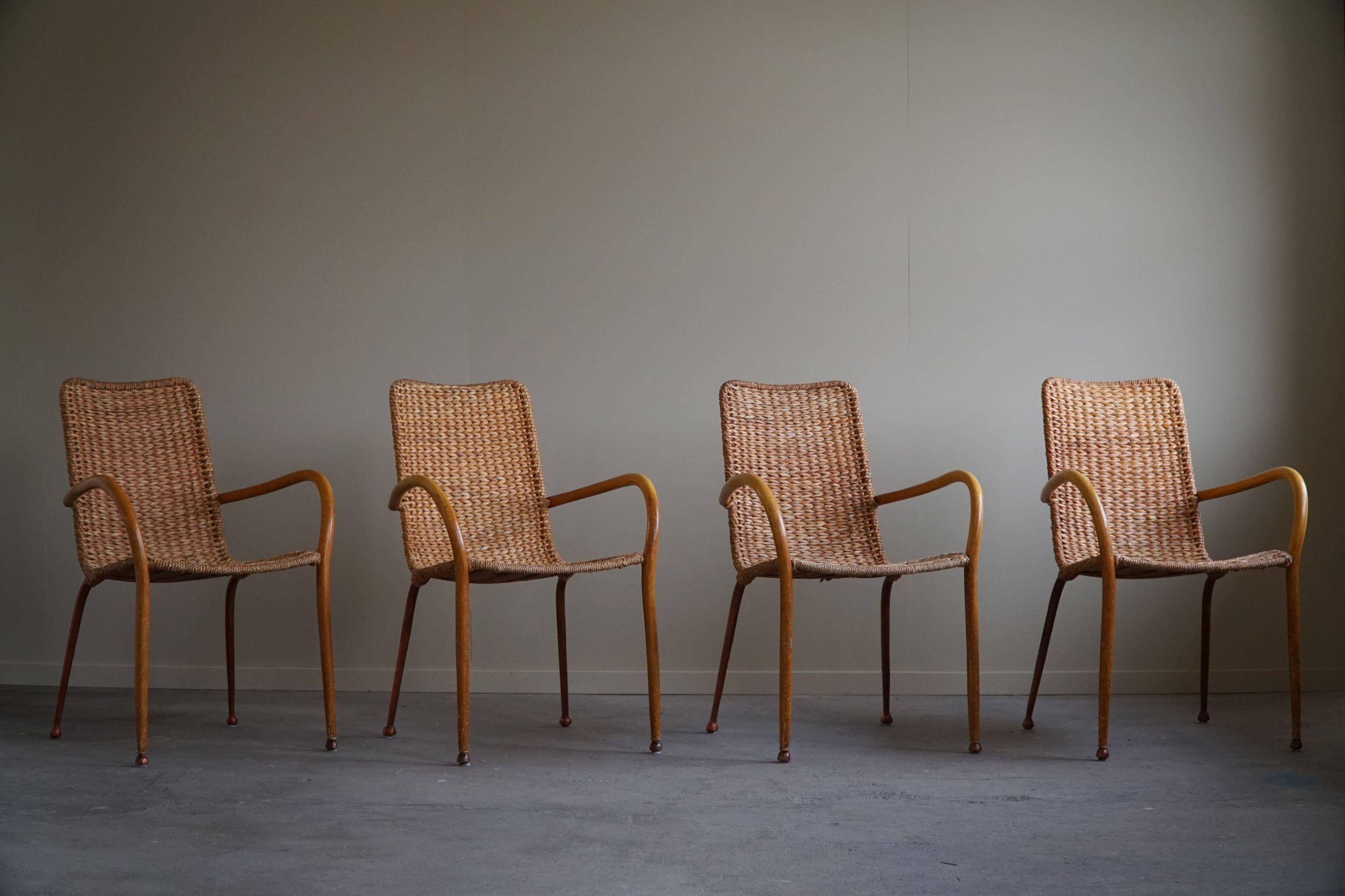Set of 4 vintage Italian wicker and birch armchairs, mid-century modern, 1950.
