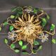 Vintage 70's ceiling light / wall lamp, gold metal leaves and glass flowers