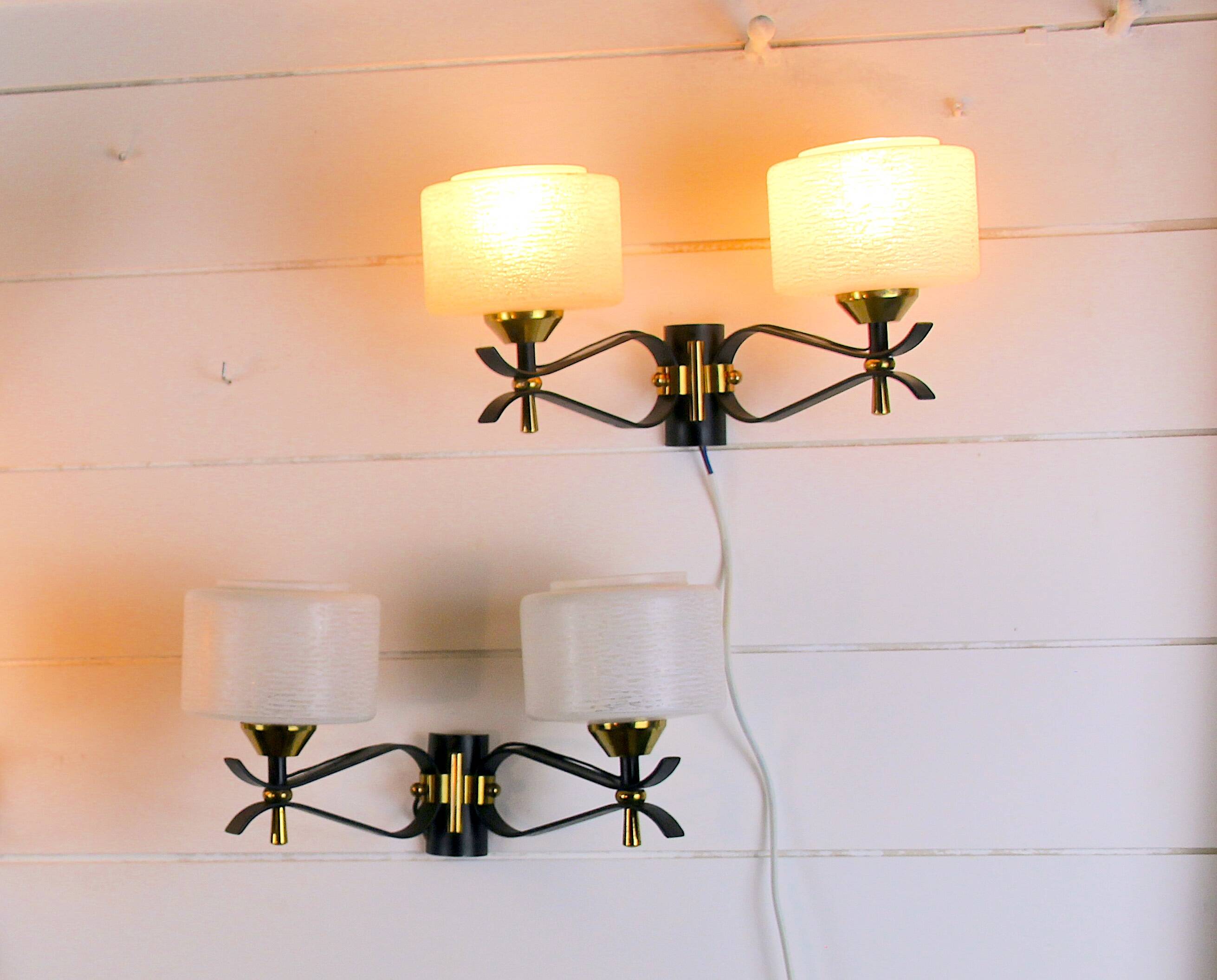 Pair of double wall sconces, Maison Arlus, Mid-Century, black brass opaline