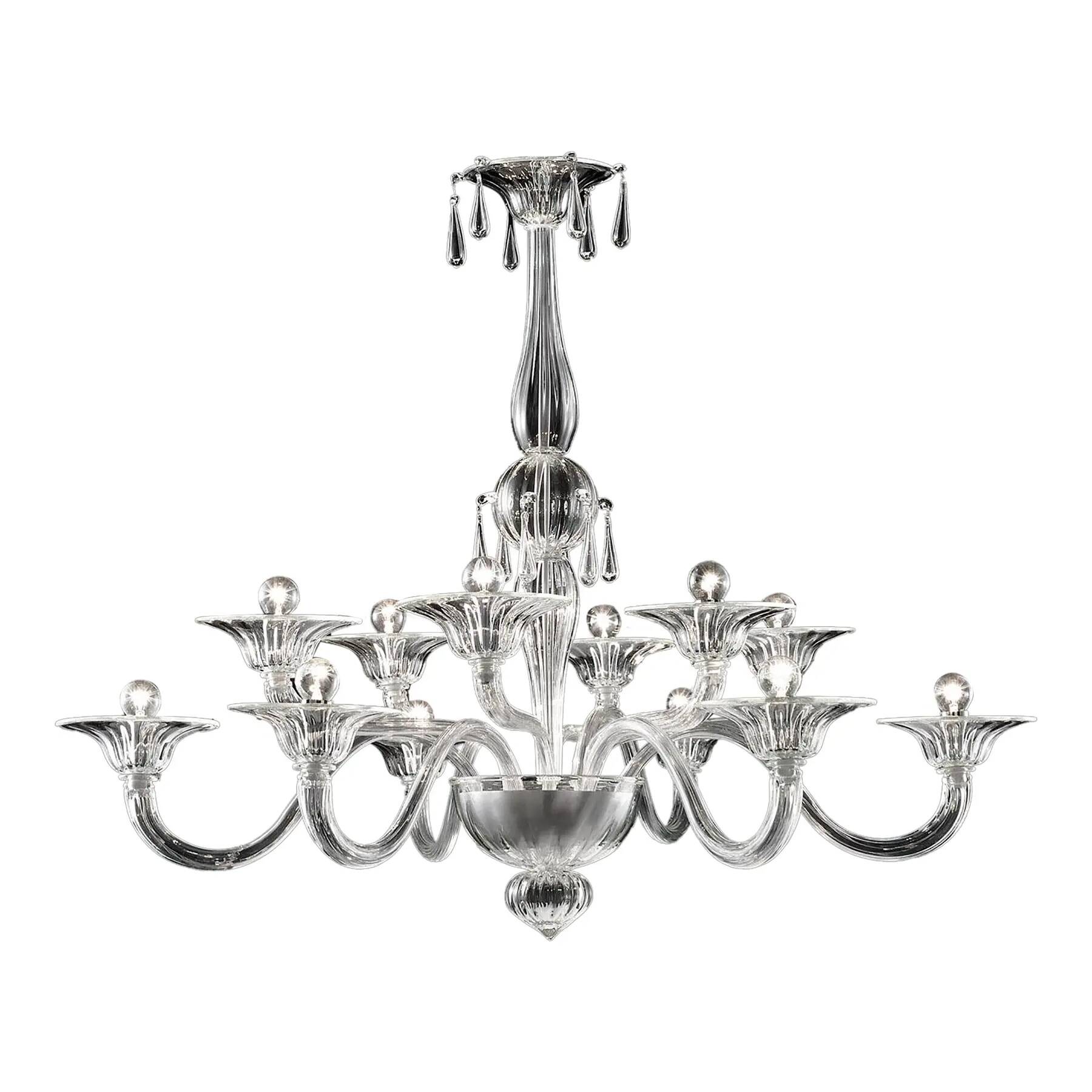 Chandelier en verre de Murano vénitien transparent élégant