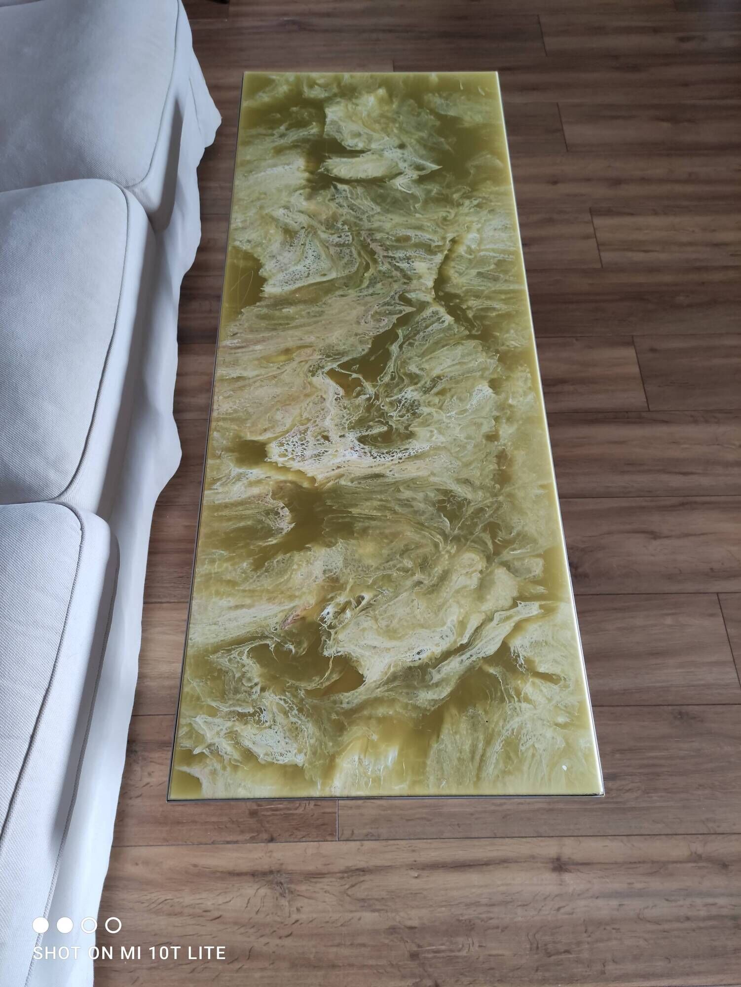 Vintage coffee table 70s chrome base and top resin effect marble green water