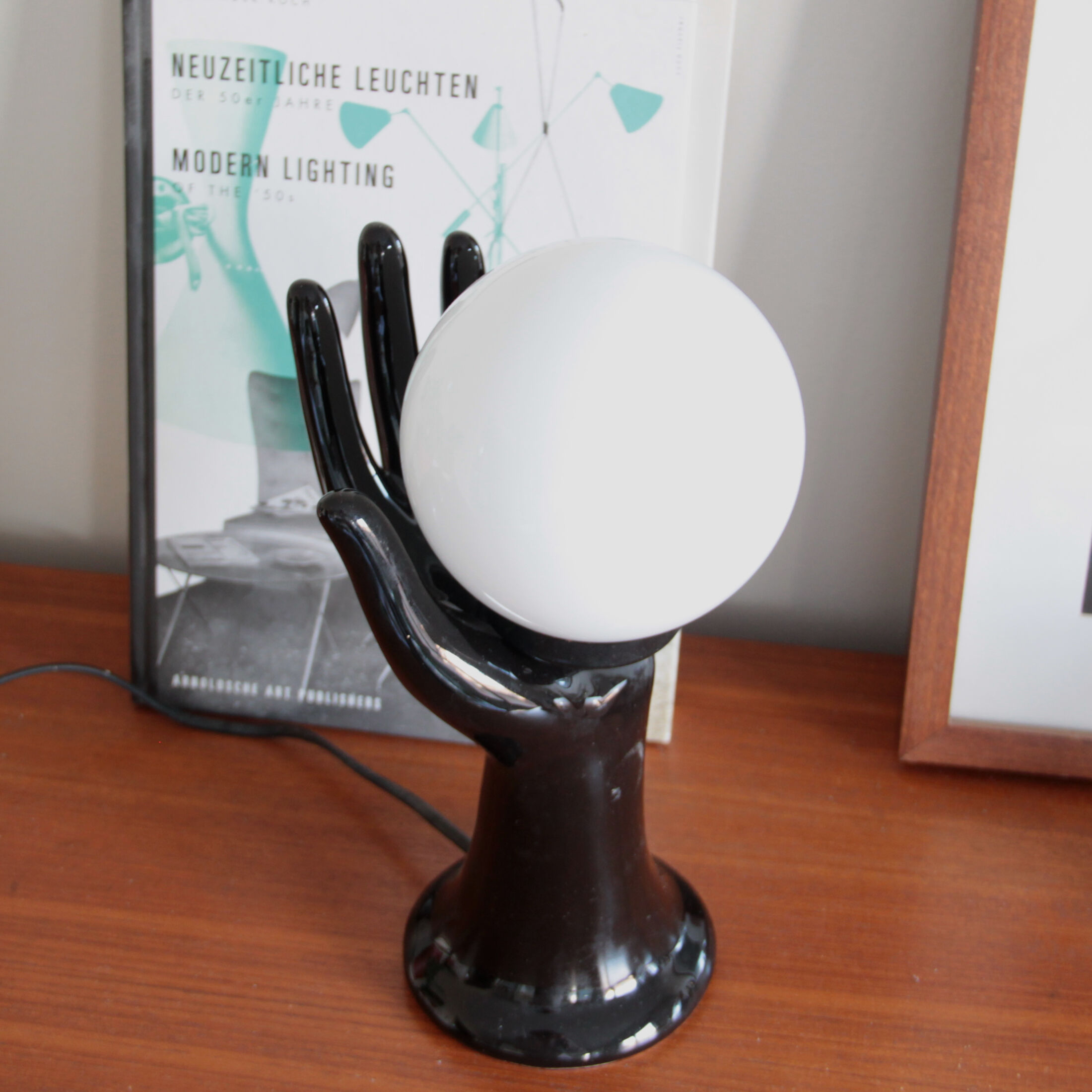 Hand lamp ceramic black globe glass opaline white vintage