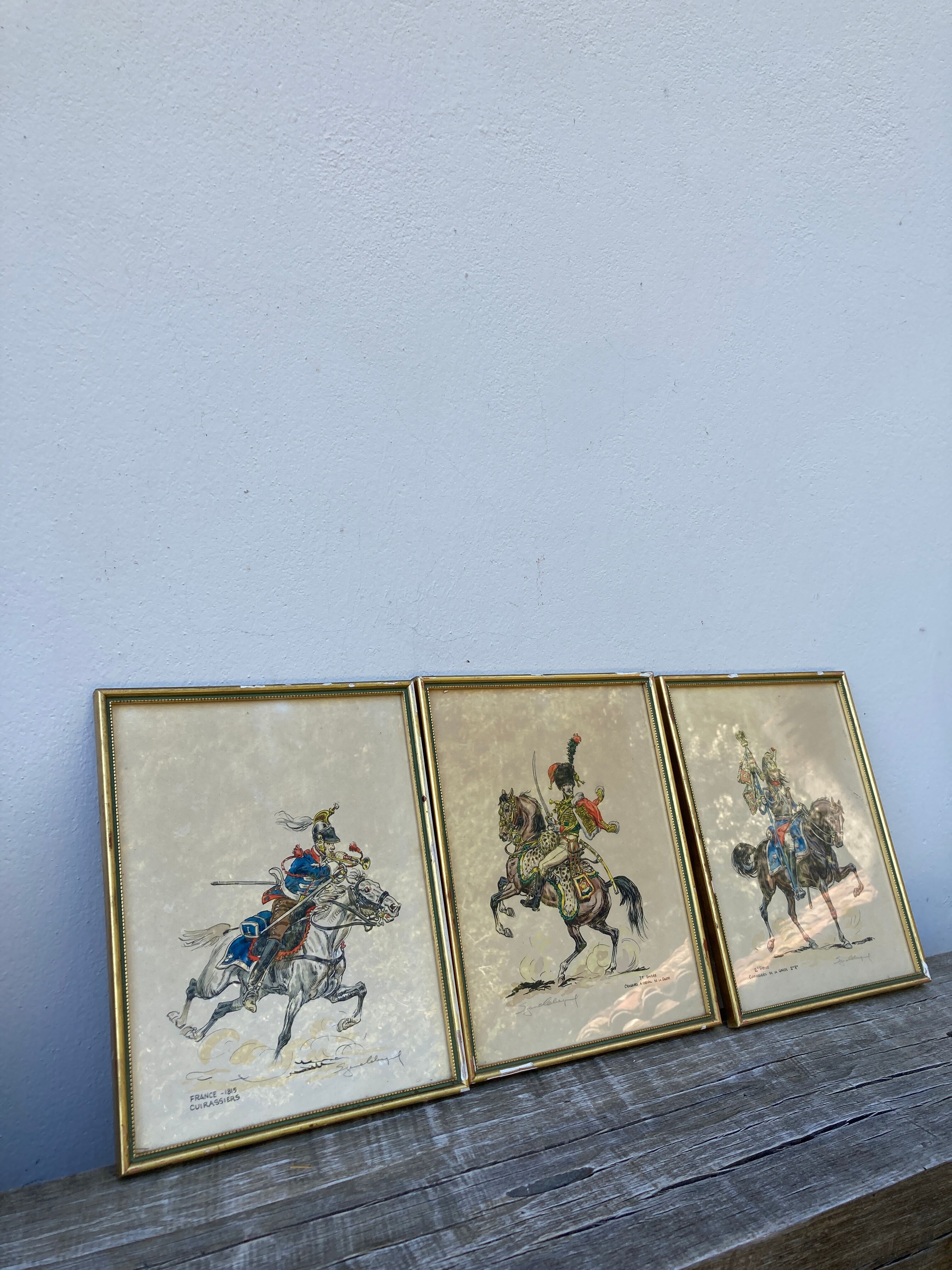 3 old engravings of horses / triptych riders golden frame
