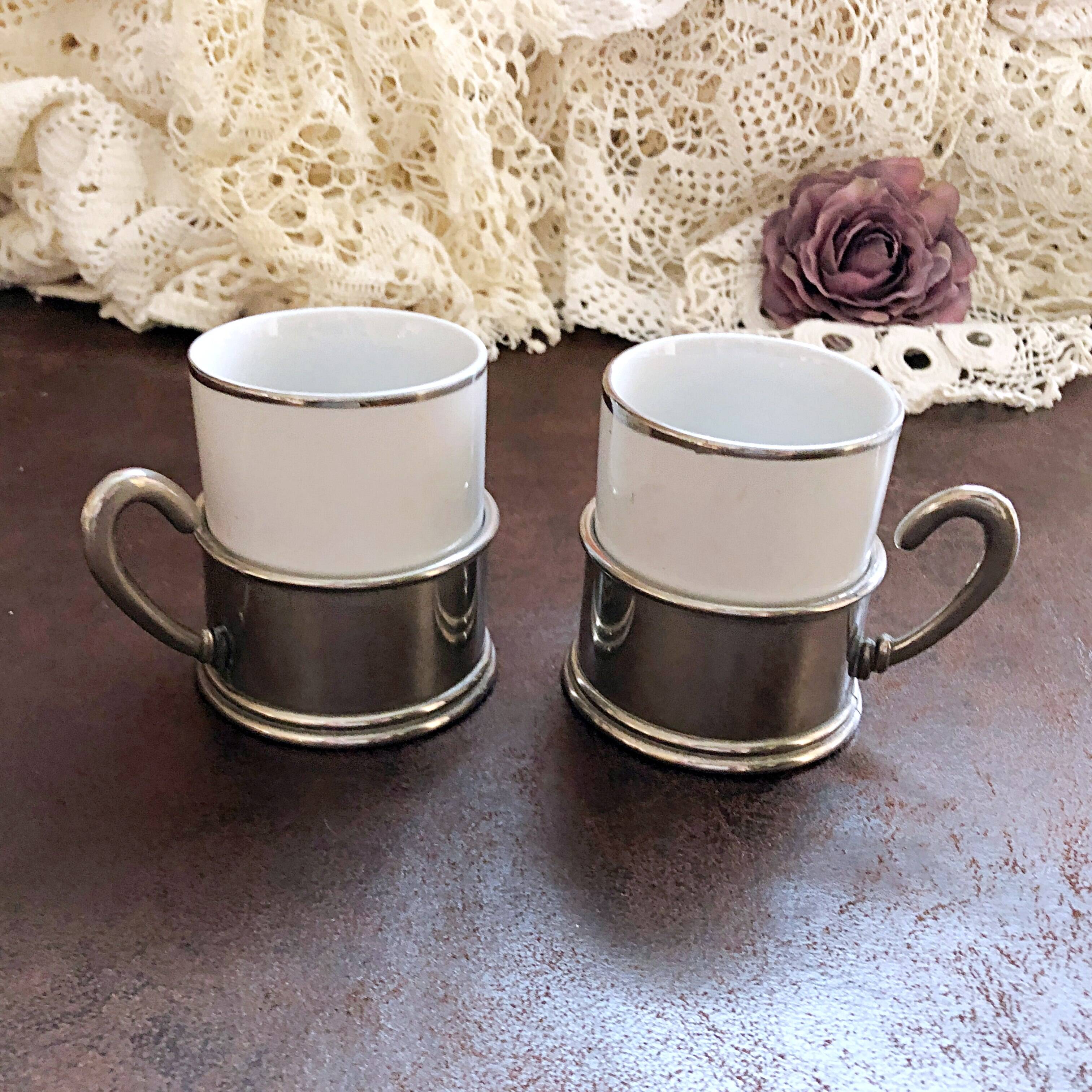 Duo Italian Porcelain Cups with Vintage Monopoly Pewter Holder