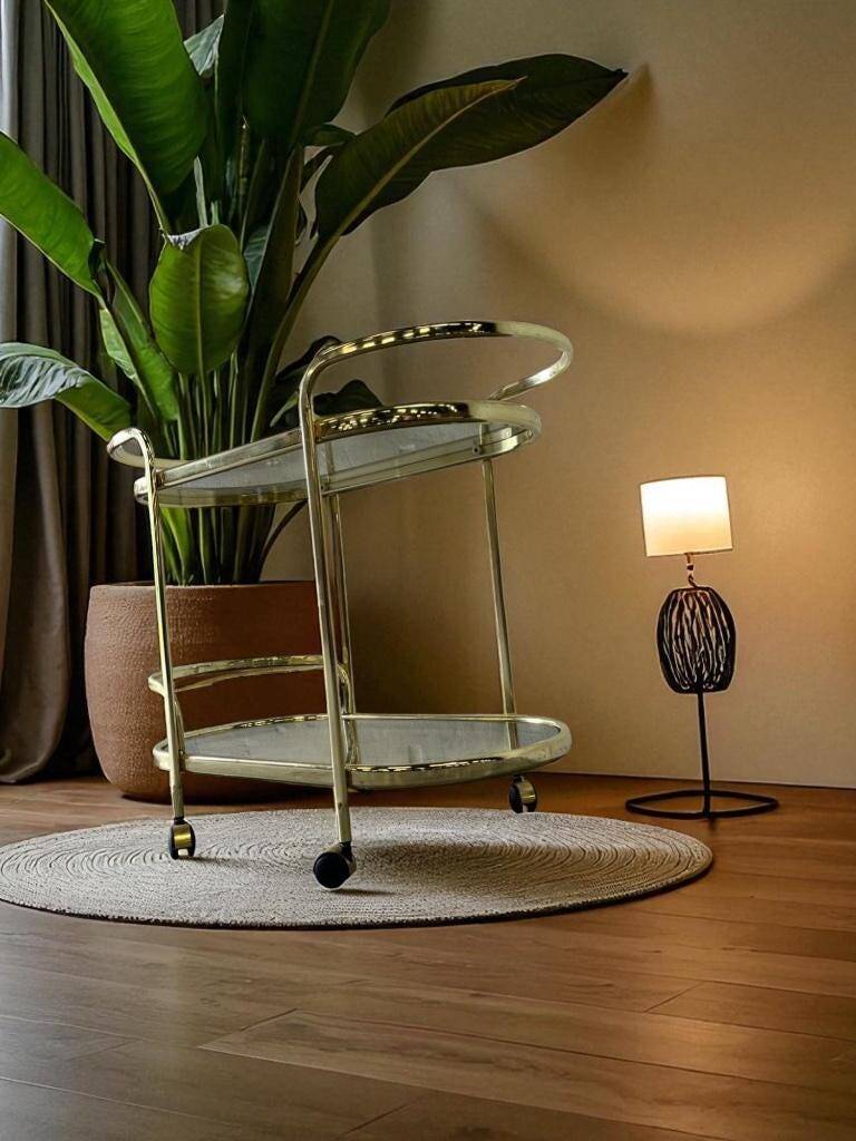 Vintage gold bar cart / side table with smoked glass