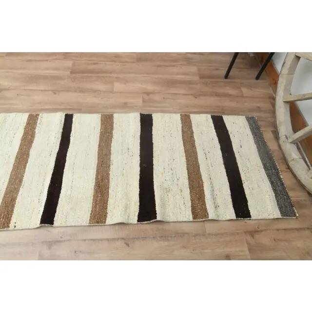 1970s Vintage Turkish Handmade Wool Cotton Beige Kilim Rug 73x345