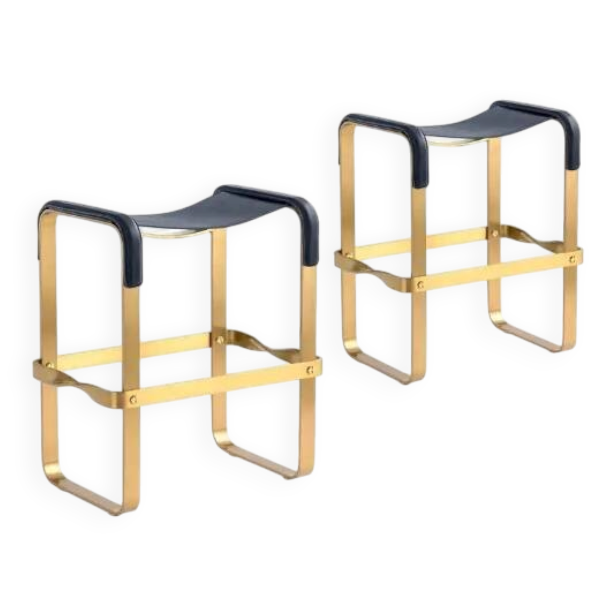 A pair of blue wanderlust stools without a backrest with brass.