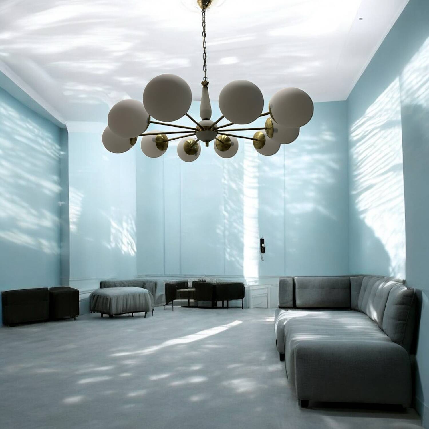 White Brass Opaline Glass Sputnik Chandelier 10 lights