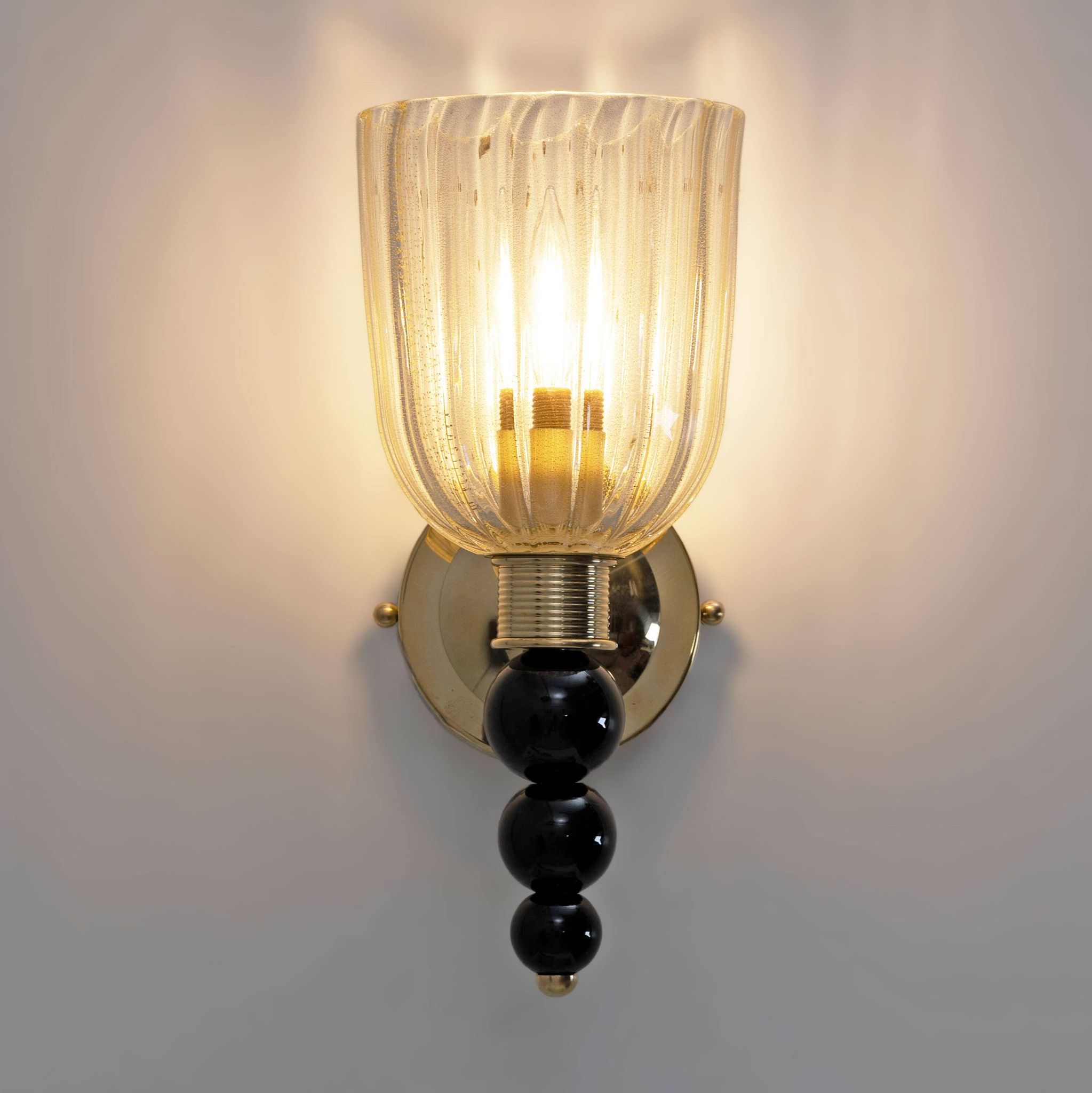 Pair of Italian Murano Glass Wall Sconces with Gold Dust Inclusions and Bra