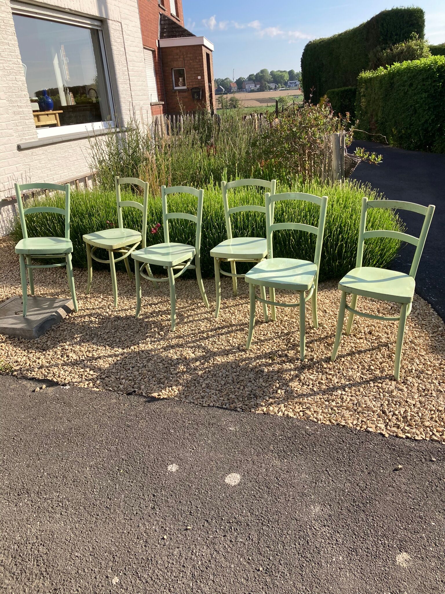 Set of 6 green patinated bistro chairs