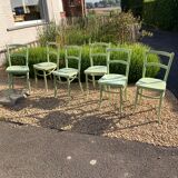 Set of 6 green patinated bistro chairs