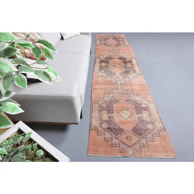 Vintage Turkish Hand-Knotted Wool Cotton Orange Runner 87x357