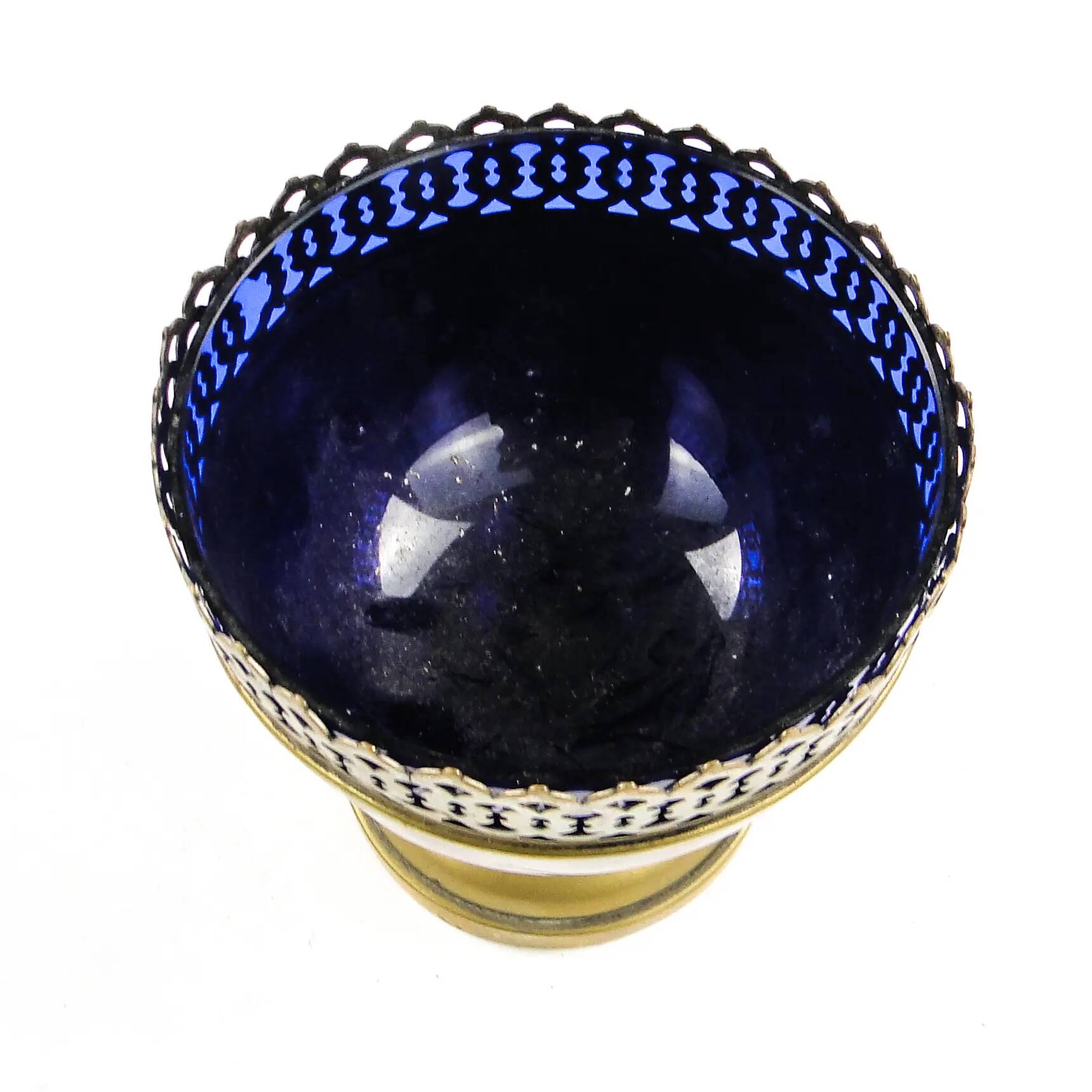 Art Nouveau sugar bowl, brass, cobalt glass, Sweden, early 20th century