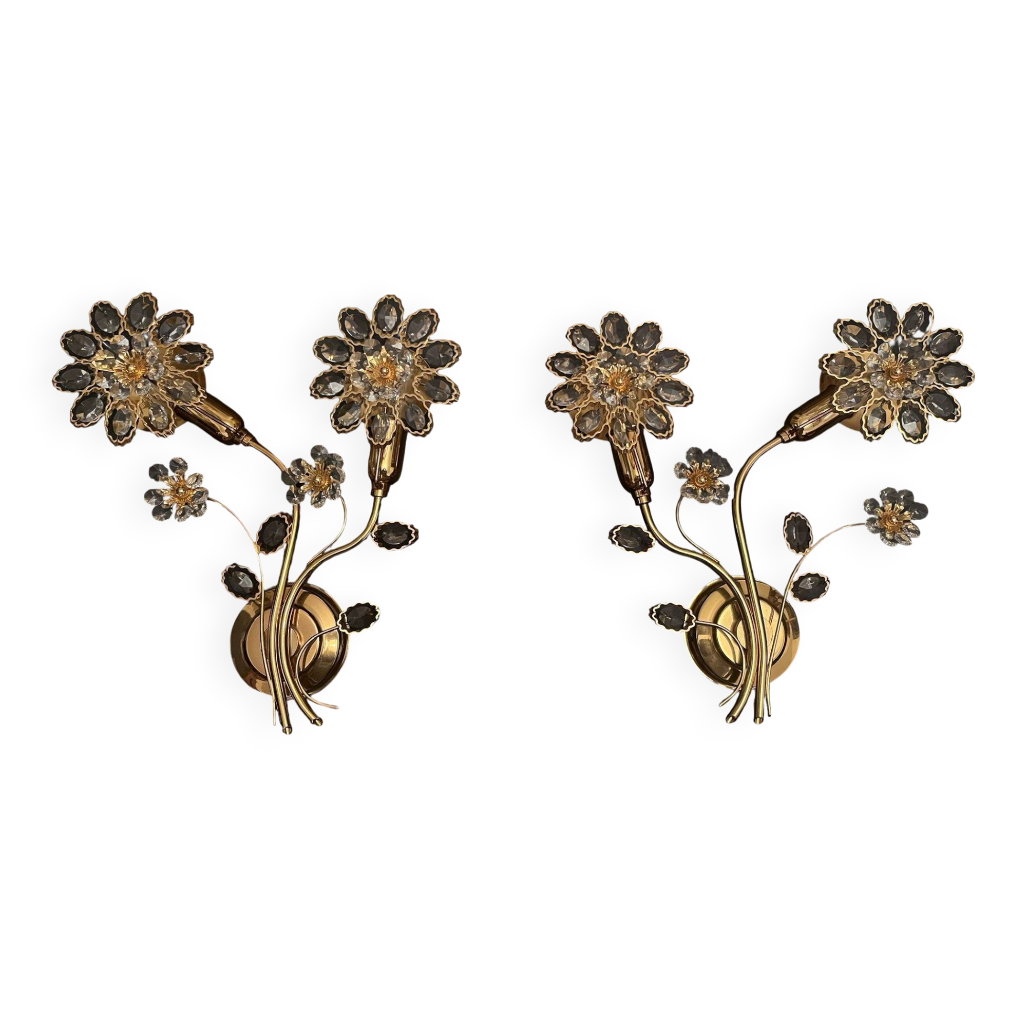 Set Hollywood Regency Wandlampe vergoldet Messing Swarovski-Kristalle Palwa