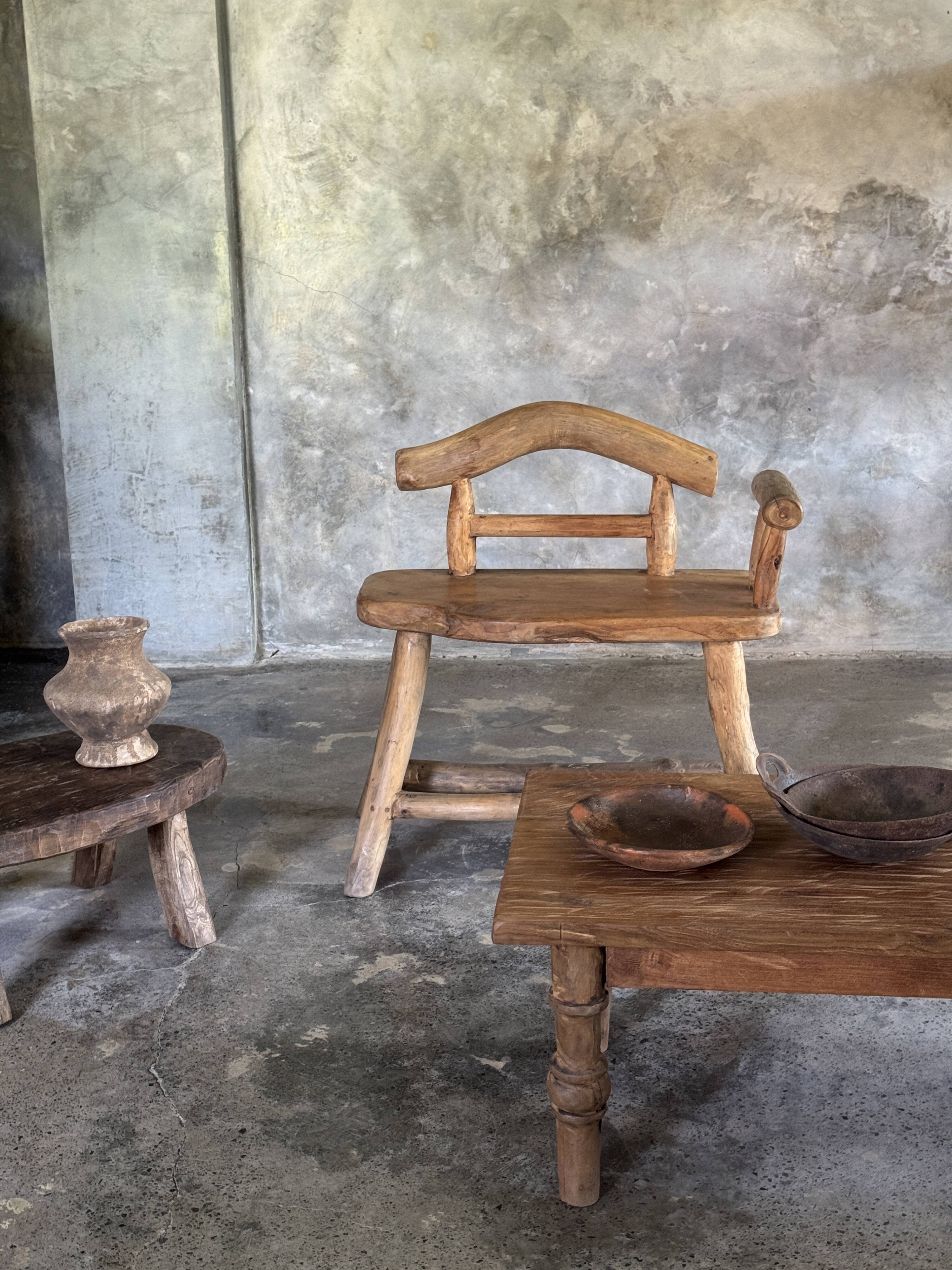 Small brutalist bench with backrest and armrests in Asian blonde teak H67 L6