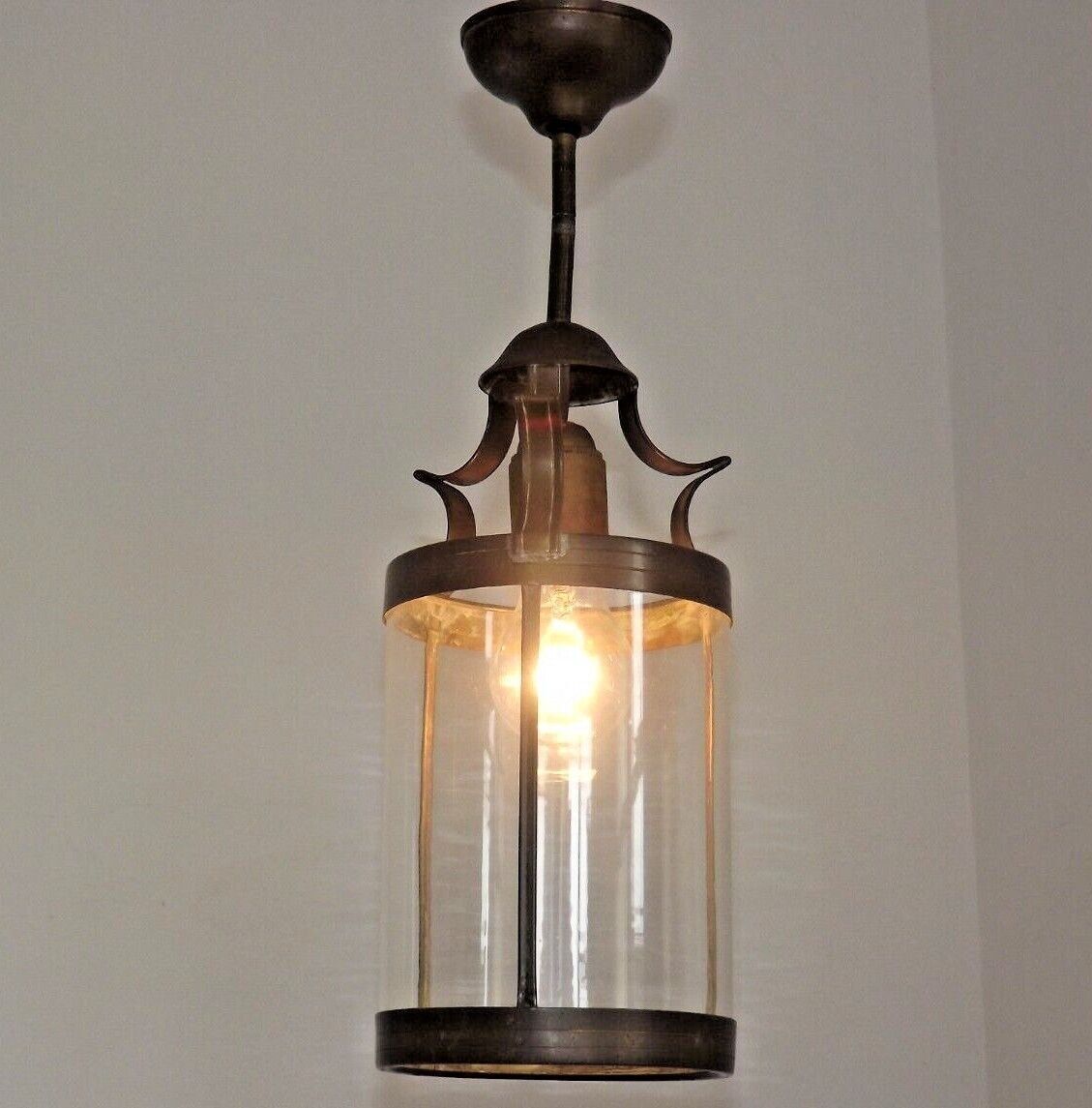 Vintage French Round Hall Lantern In Copper With Cylindrical Glass Shade 3681