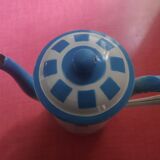 White enamelled sheet metal coffee maker with blue checkered Lustucru style stamped Duco