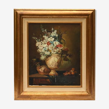 Oil on panel still life with bouquet of flowers in a vase