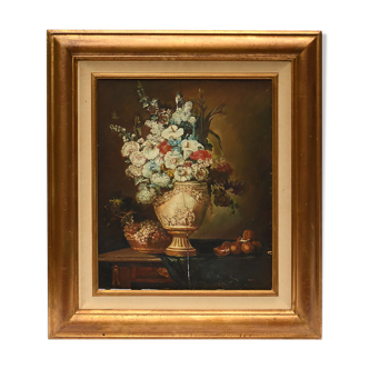 Huile sur panneau nature morte au bouquet de fleurs dans un vase