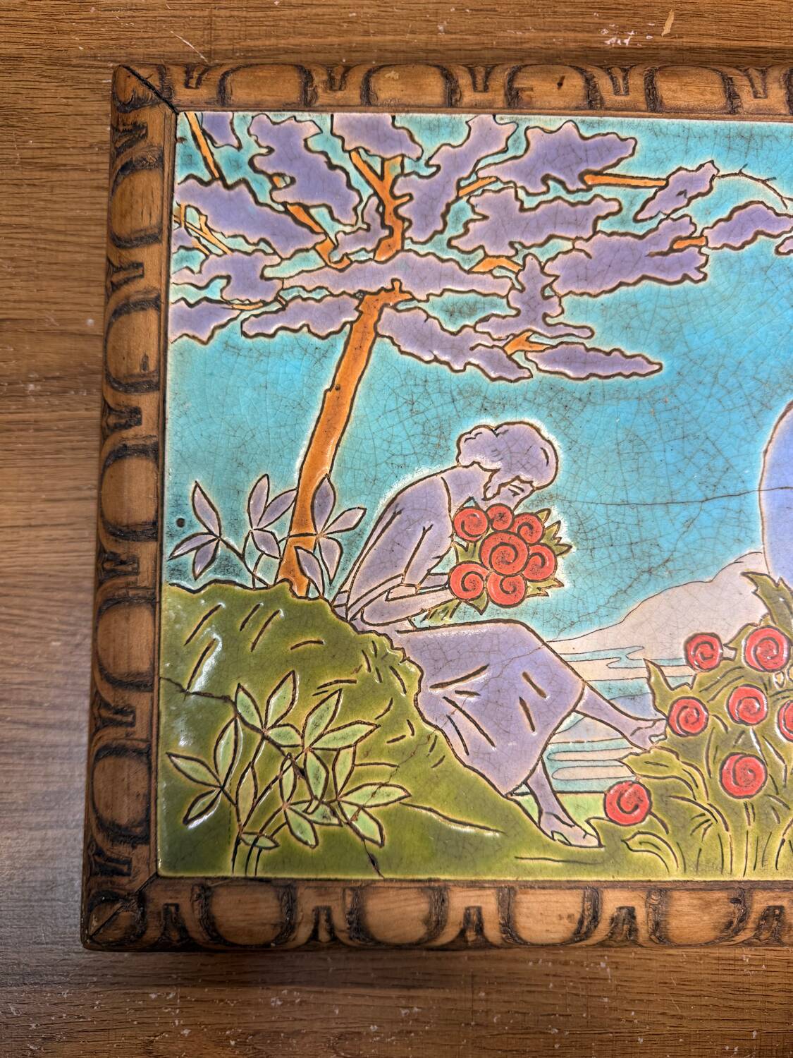 Antique trivet Enamels of Longwy woman landscape decoration