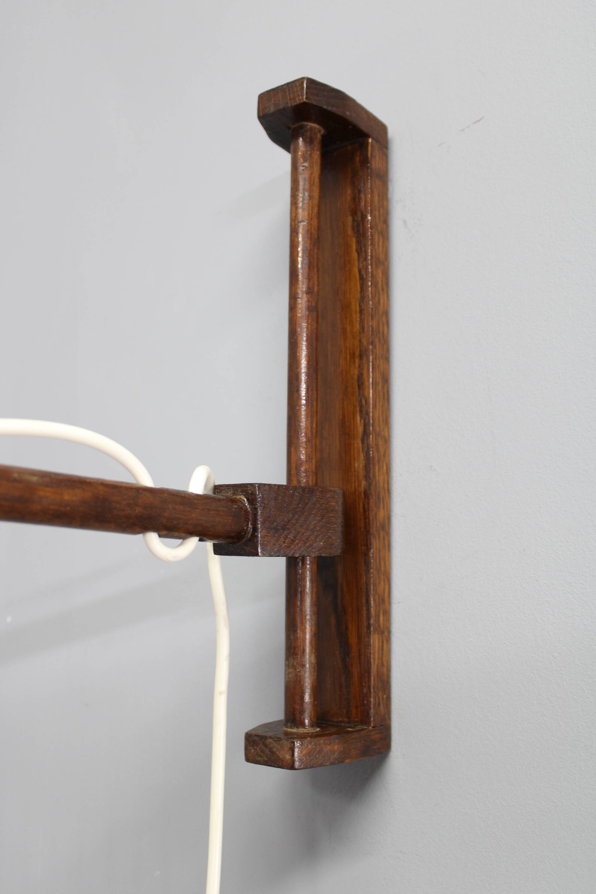 Adjustable mid-century wooden wall lamp with rattan shade, 1970s