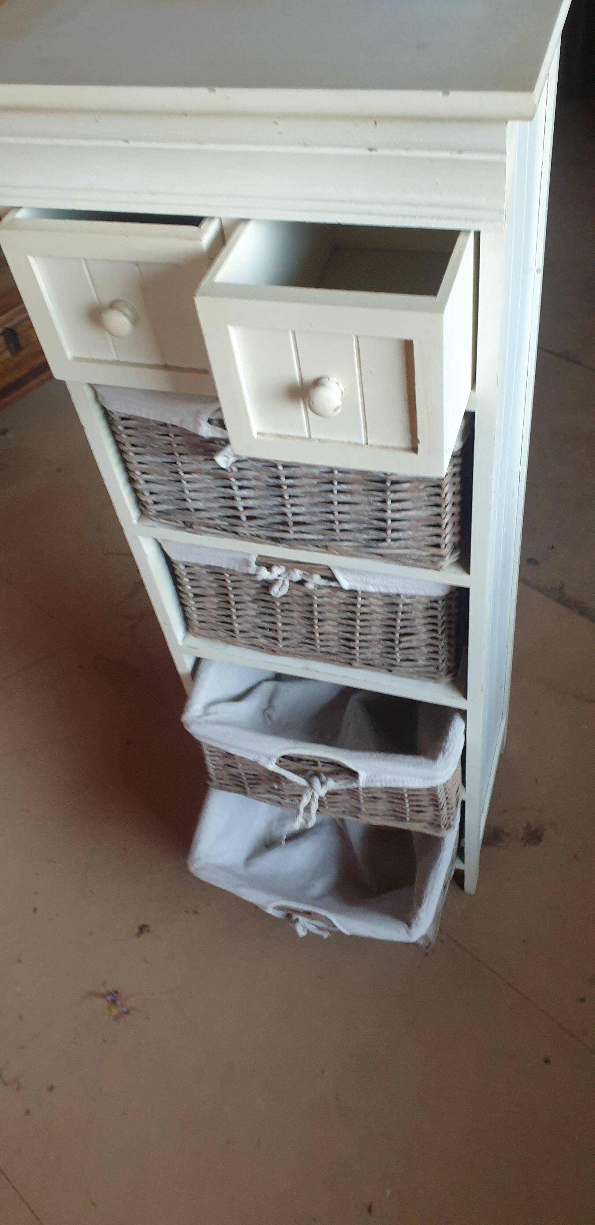chiffonier, linen chest of drawers made of wood, wicker and fabric