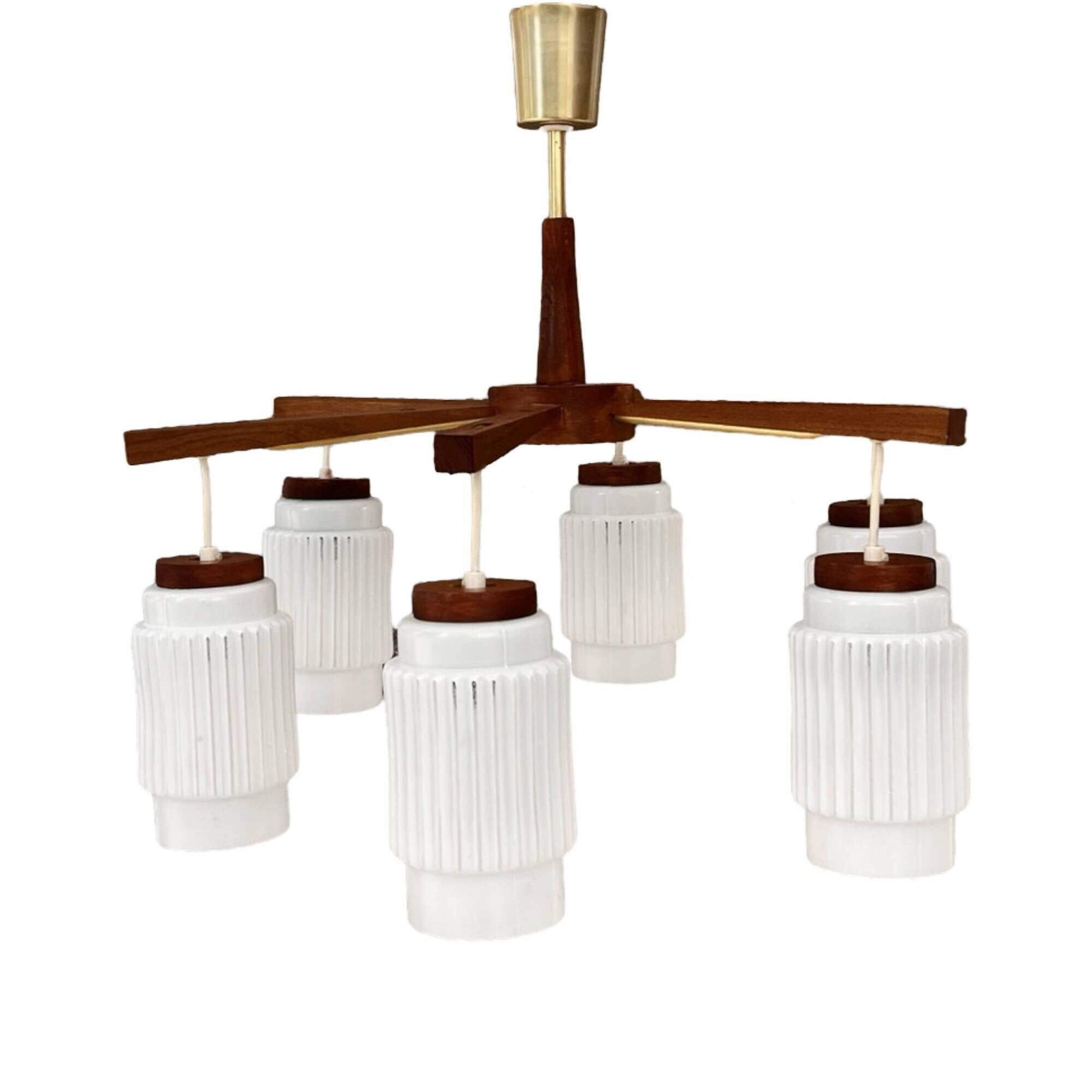 Scandinavian six-arm chandelier made of teak wood, Denmark, 1970s.