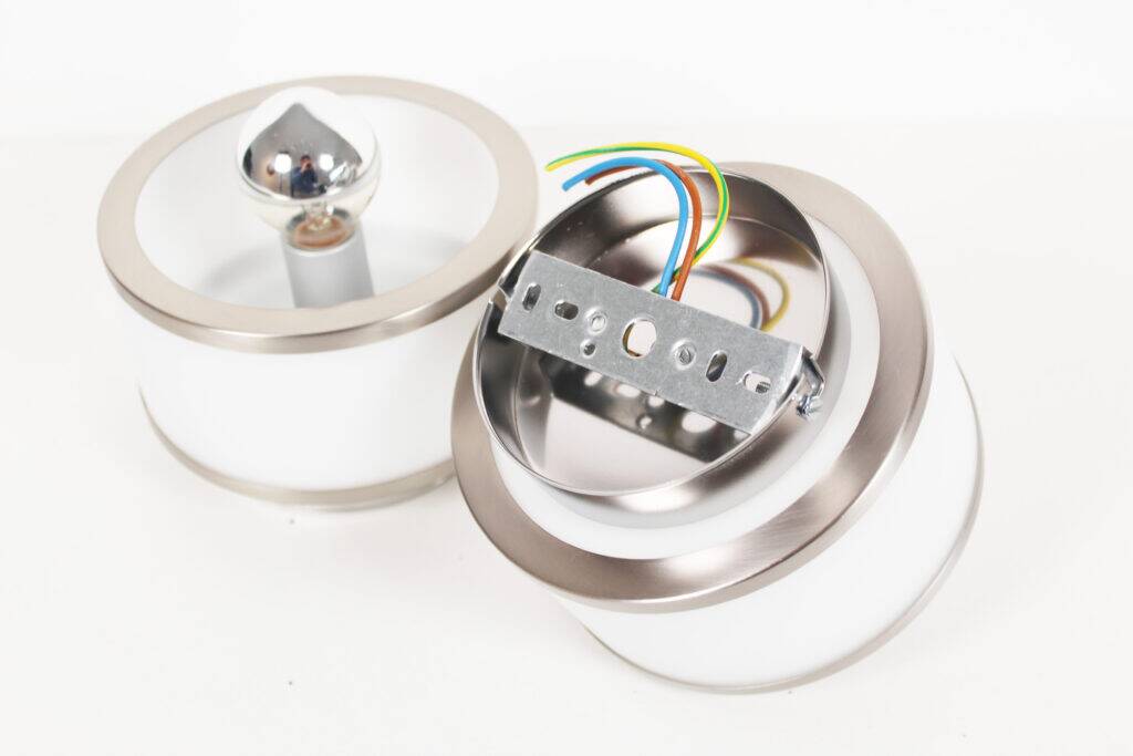 Pair of vintage 1980’s opaline glass and brushed chrome wall lights