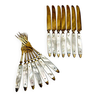 Cutlery set 7 forks 7 brass dessert knives mother-of-pearl handles