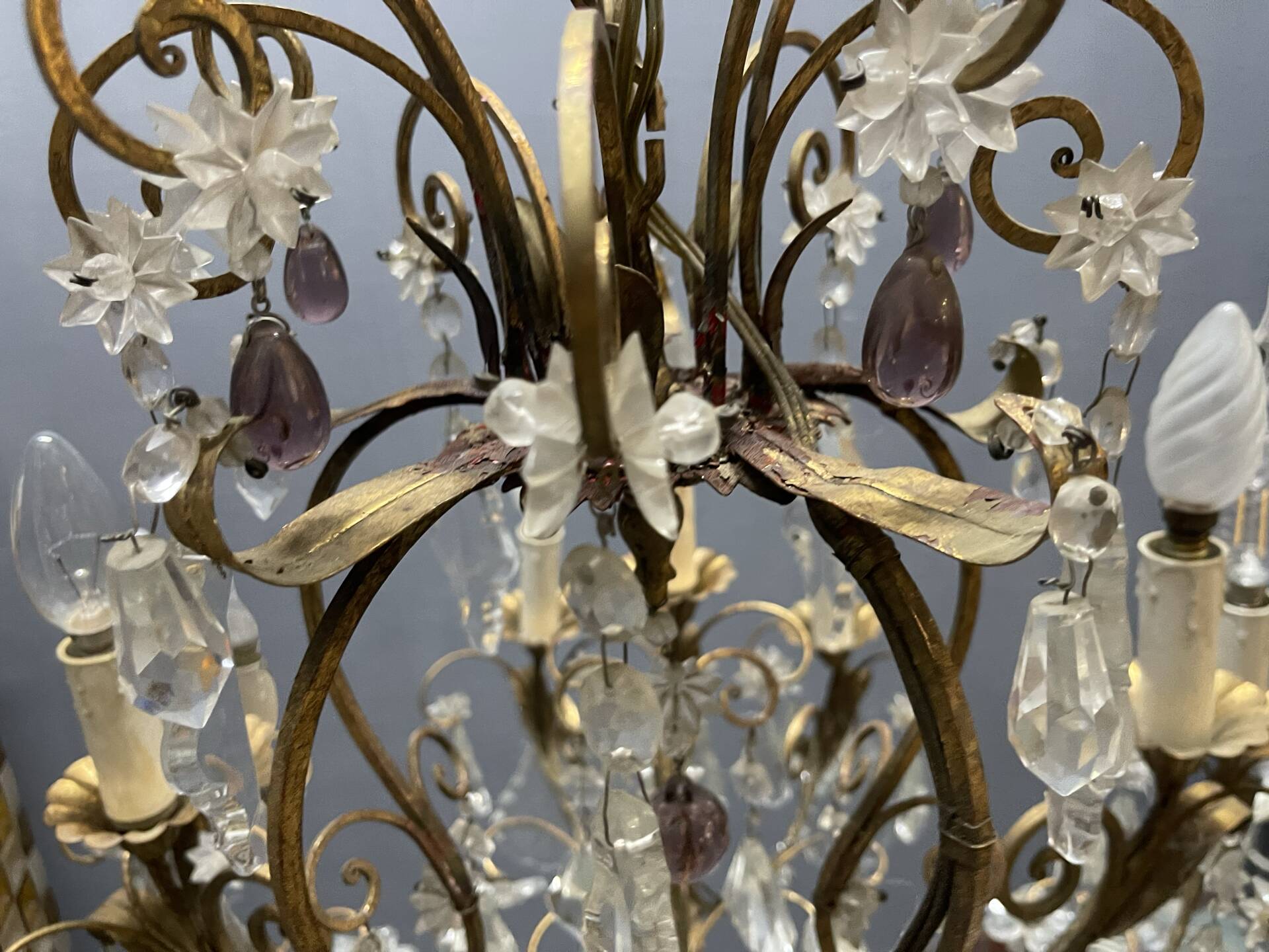 Large Florentine Tole Chandelier with Murano Glass Flowers, Italy, 195