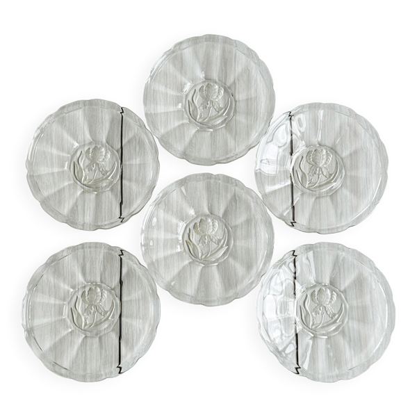 Lot de 6 assiettes dessert, verre transparent motif fleur gravé