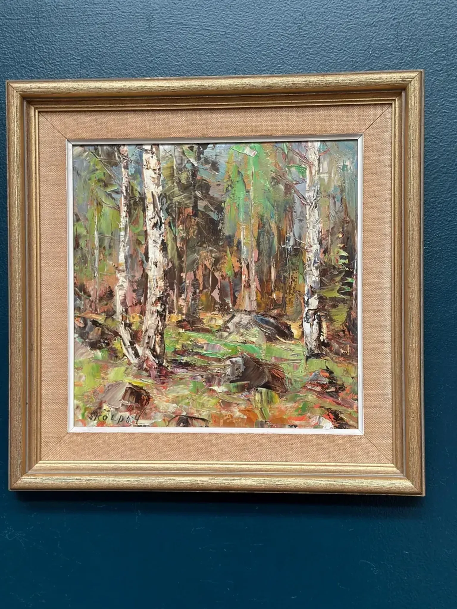 Original Swedish Oil on Canvas – “Birch Forest” by John Sköld – Signed – Dated 1954 – Framed – 40 × 40 cm