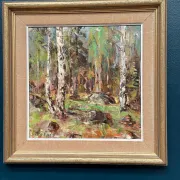 Original Swedish Oil on Canvas – “Birch Forest” by John Sköld – Signed – Dated 1954 – Framed – 40 × 40 cm