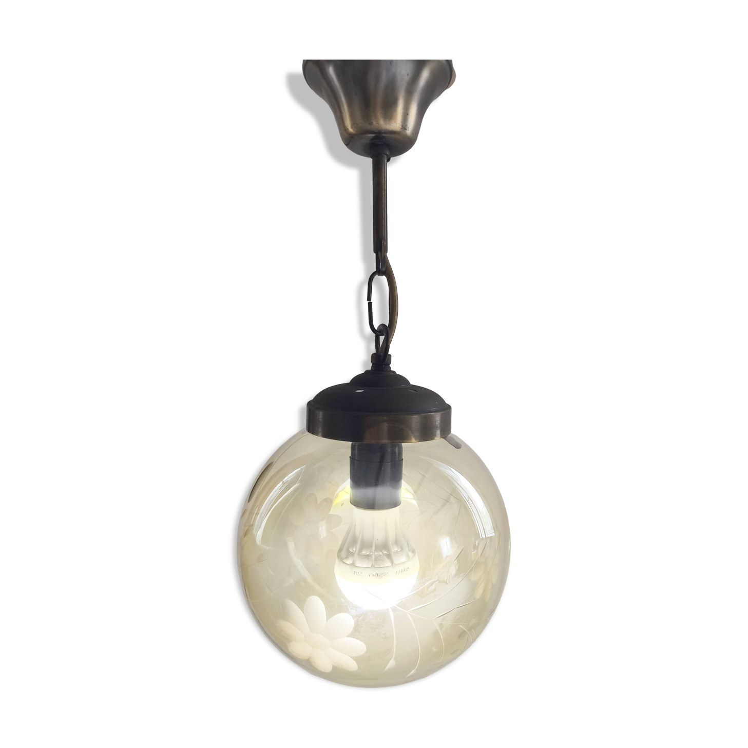 Vintage Amber Glass Suspension Globe with Floral Engravings 70s Retro Chic Style