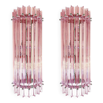 Italian Scenographic Pink “Triedro” Murano Glass Wall Sconces — Pair