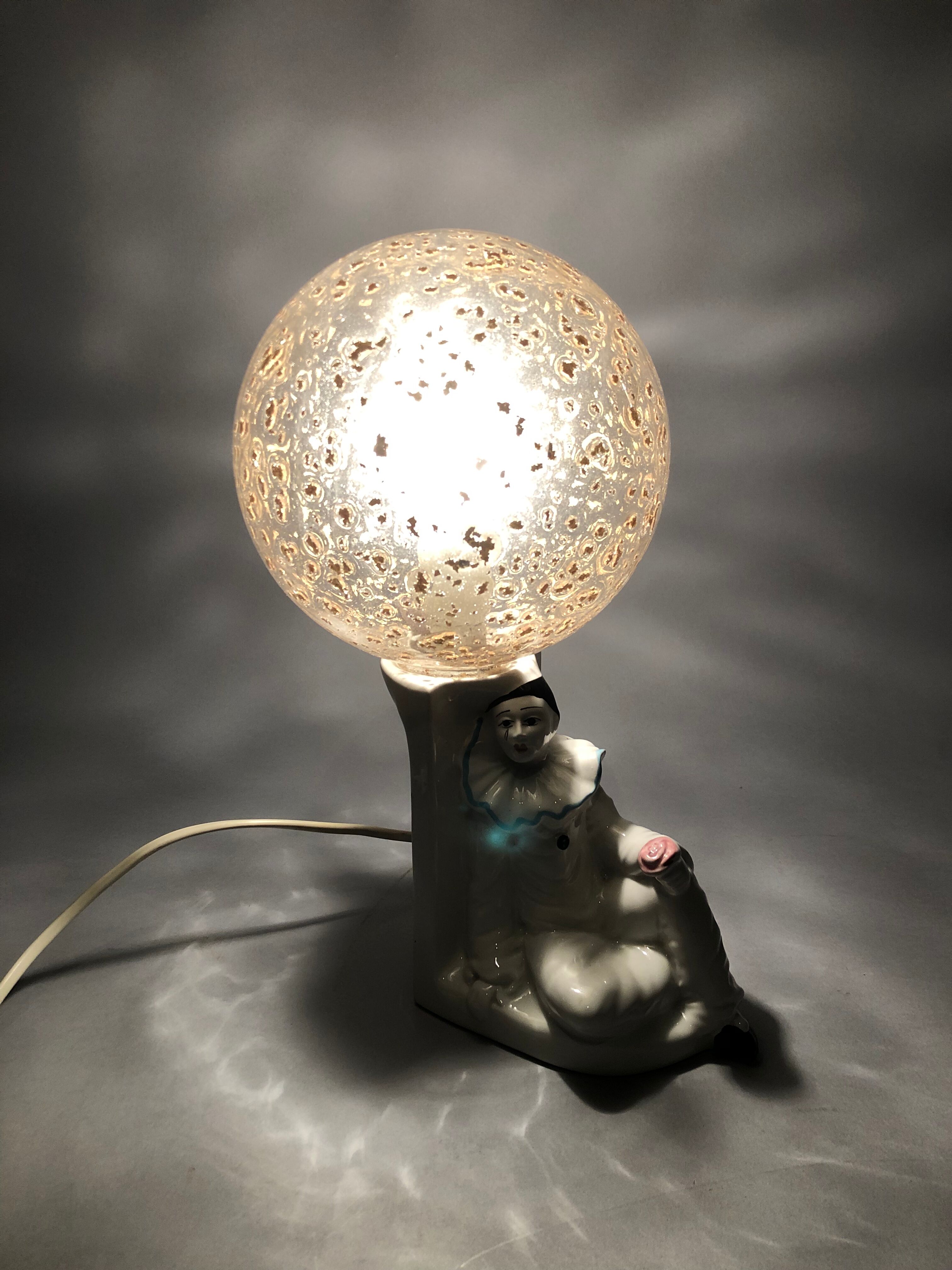 Vintage Pierrot bedside lamp from the 70s, porcelain, inlaid glass globe
