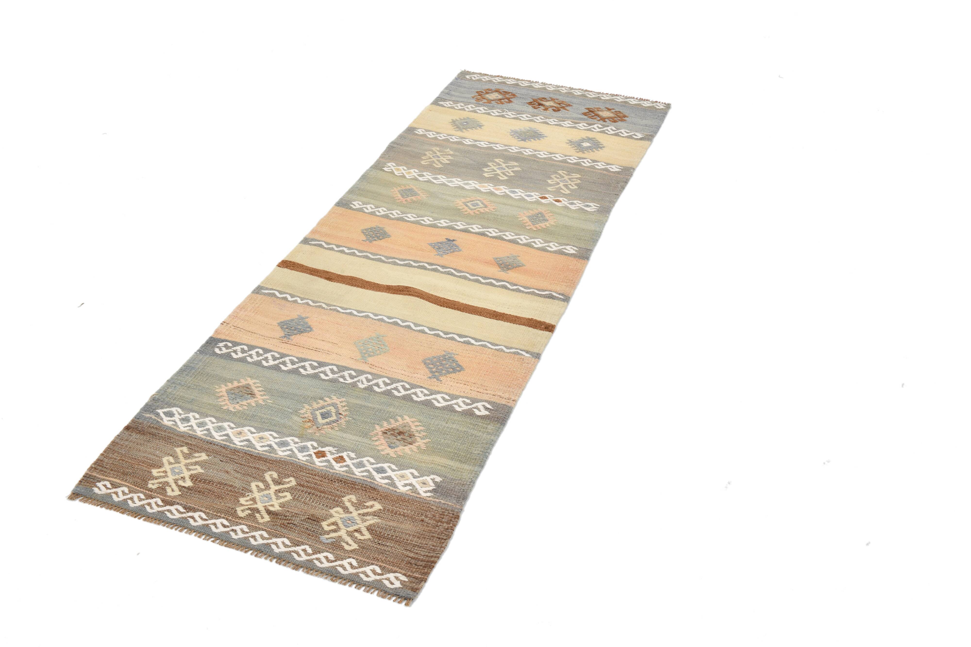 Tapis Kilim vert et crème 2x6, 63x180 cm